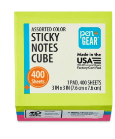 Pen+Gear Sticky Notes Cube 3 x 3 Inch Multicolor Self-Adhesive Notepad 400 Sheets for Office School and Home Use