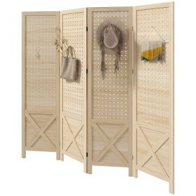 HOMCOM 4.7' 4 Panel Wooden Room Divider with Pegboard Display, Folding Privacy Screen for Home Office, Natural