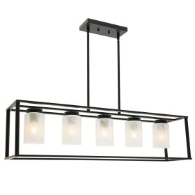 5-Light Industrial Modern Dining Room Ceiling Lighting in Matte Black Finish with Glass Shade Classic Pendant Island Lighting Fixture for Living