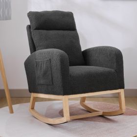 Modern Accent Rocking Chair Rocking Chair with Solid Wood Legs, Upholstered Nursery Glider Rocker, Comfy Armchair with Side Pocket (Color: Dark grey)
