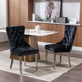 Modern High-end Tufted Solid Wood Contemporary Velvet Upholstered Dining Chair with Chrome Stainless Steel Plating Legs,Nailhead Trim,Set of 2 (Color: Black, Material: Velvet)