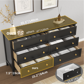 6 Drawer Dresser For Bedroom, Wood Storage Cabinet With Black Handles, Modern Closet Of Drawers for Living Room (Color: Black)