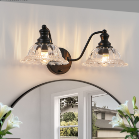 20 Inch 2-Light Vintage Bathroom Wall Sconce - Elegant Black Metal And Glass Lampshade Vanity Light Fixture For Bathroom, Hallway, Or Bedroom Bul (Color: Black)